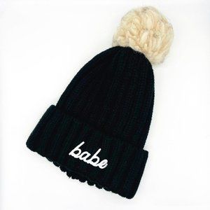 Thick Knit Black Babe Hat with Faux Fur Pom